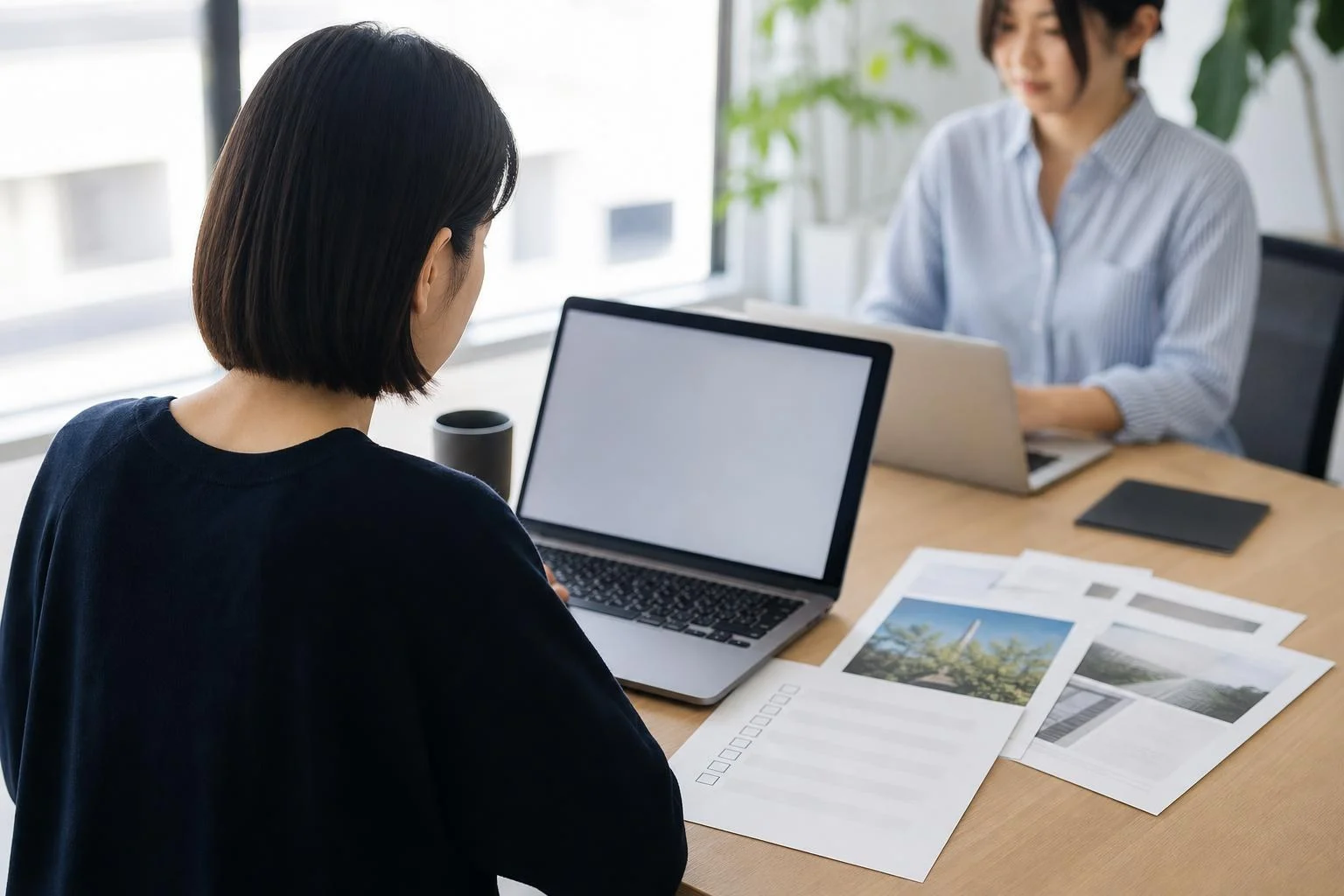 AIライティング記事の原稿と資料を確認する編集者の作業風景