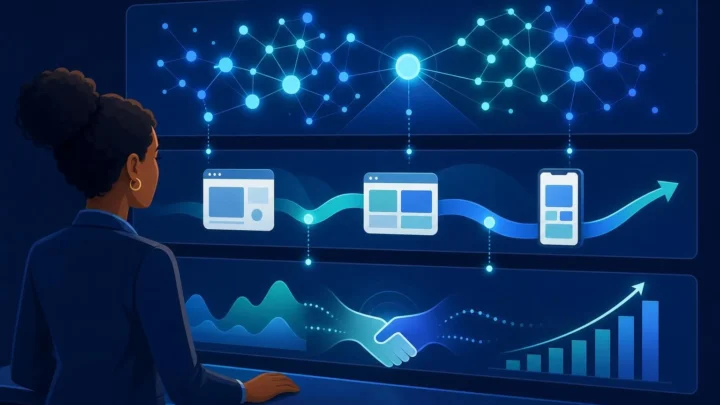 AI回答での引用・サイト流入・事業成果を3層で分析するAIO・LLMOのKPIを表したイメージ