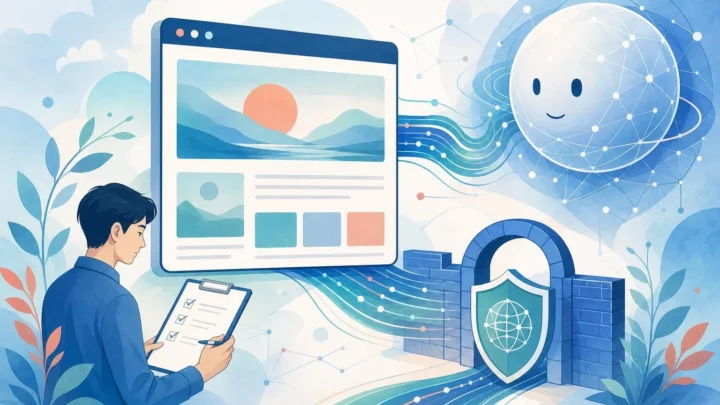 AI検索で自社サイトの公開状態と技術設定を確認するイメージイラスト