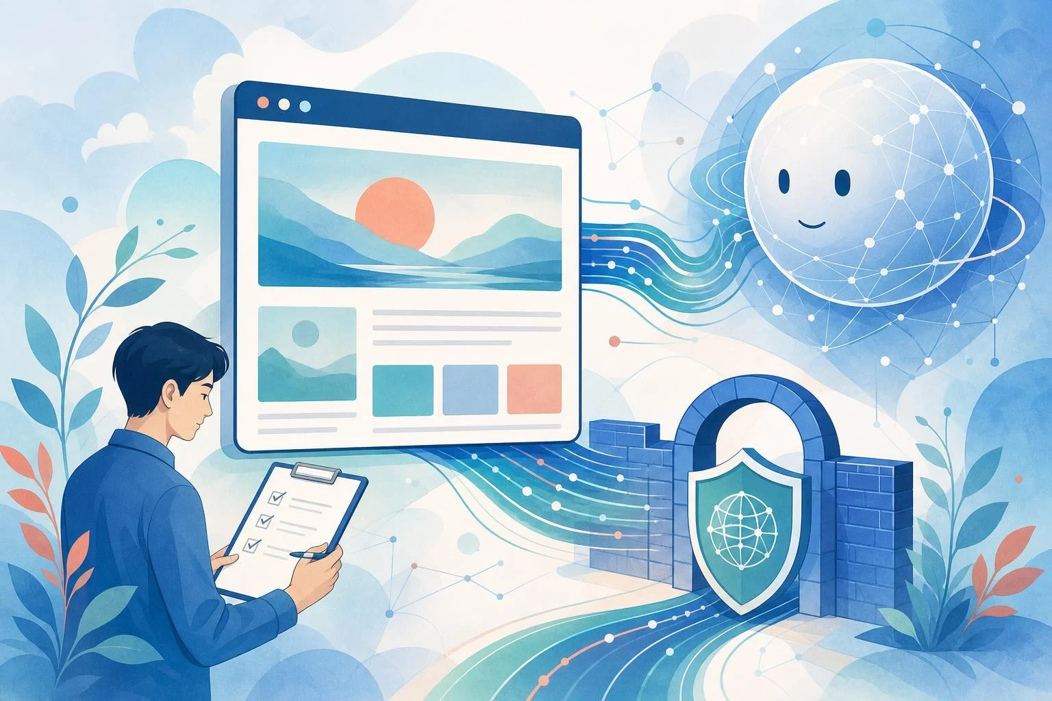 AI検索で自社サイトの公開状態と技術設定を確認するイメージイラスト