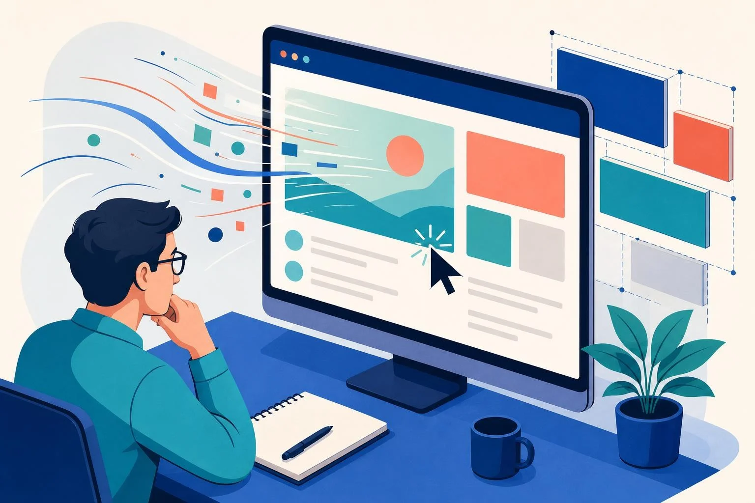 Core Web Vitalsの表示速度、操作応答性、レイアウト安定性をイメージしたイラスト