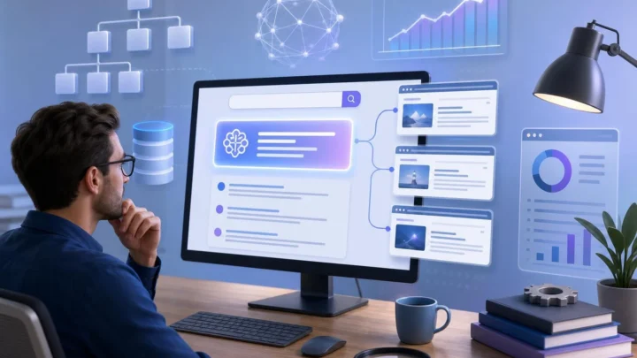 AI Overviewの参照状況と自社サイトのSEO要因を分析するWeb担当者のイメージ