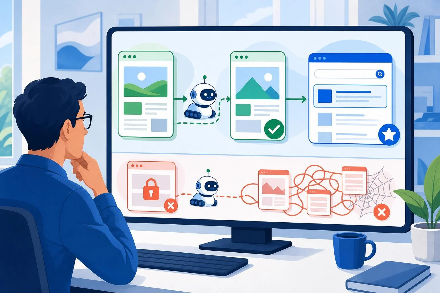 Google検索への掲載要件として、クロール可能性、インデックス可能性、スパム対策を確認するイラスト