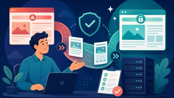 HTTPサイトをHTTPSへ移行し、リダイレクトと安全な通信を確認する様子を描いたイラスト