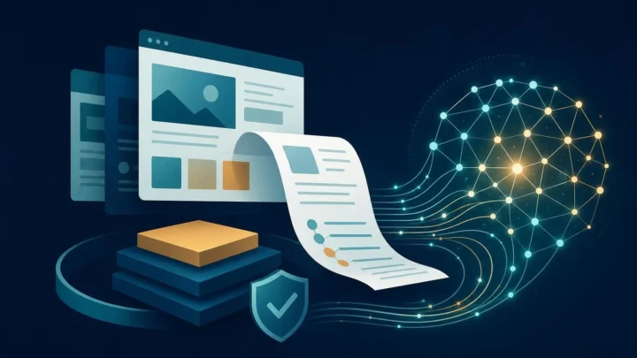 Webサイトの重要情報を整理した文書がAIネットワークへ案内される様子を表したイラスト
