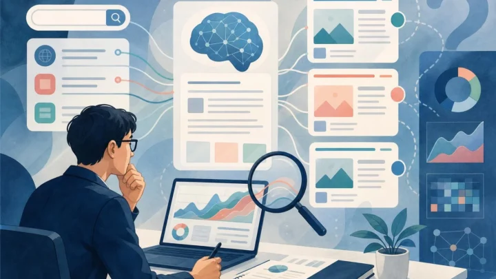 AI検索の表示とWebサイトの検索パフォーマンスを分析する様子を描いたイラスト