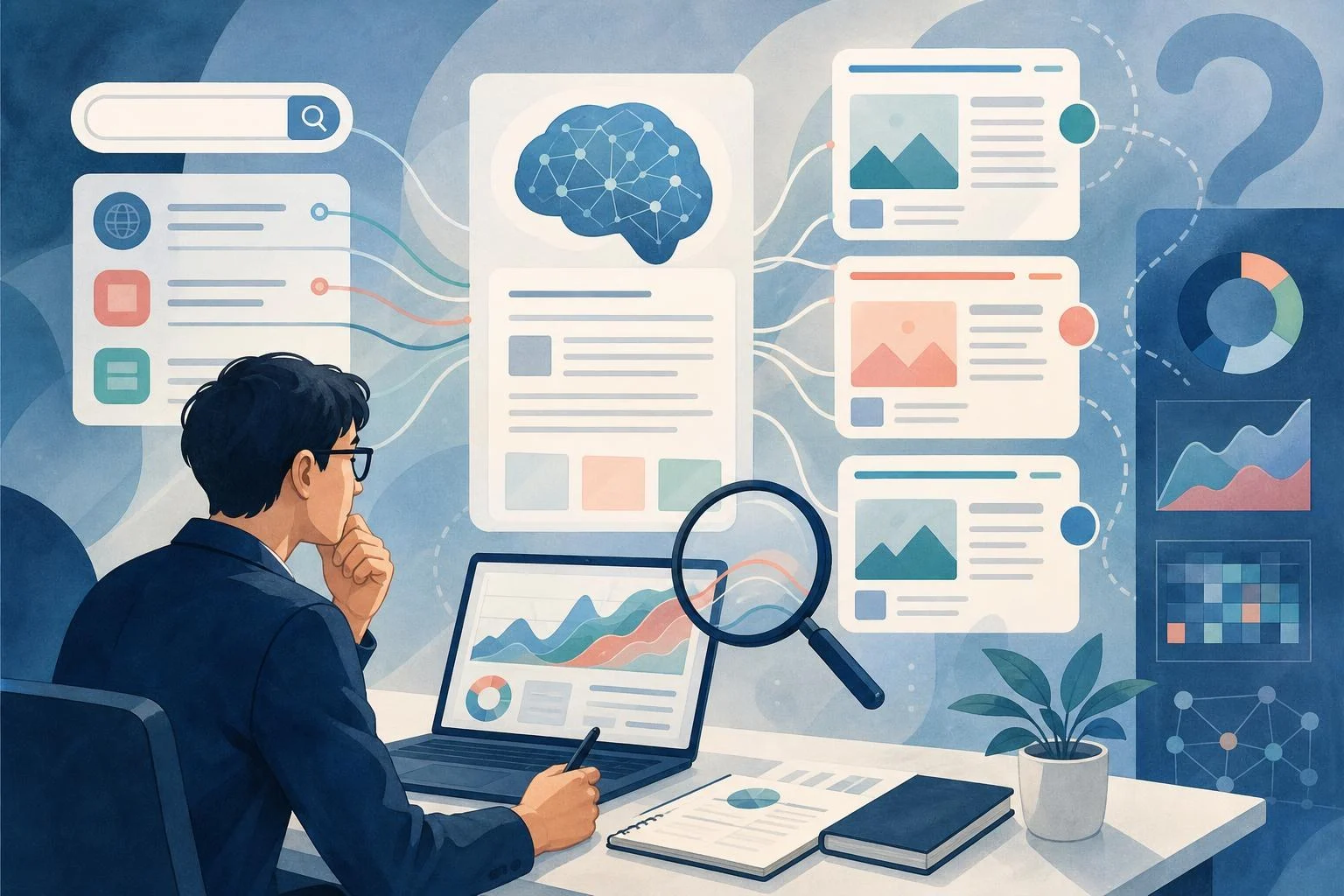 AI検索の表示とWebサイトの検索パフォーマンスを分析する様子を描いたイラスト