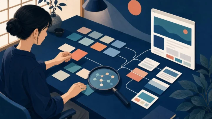 SEOキーワード候補を検索意図ごとに整理し、記事企画へつなげる様子を描いたイラスト