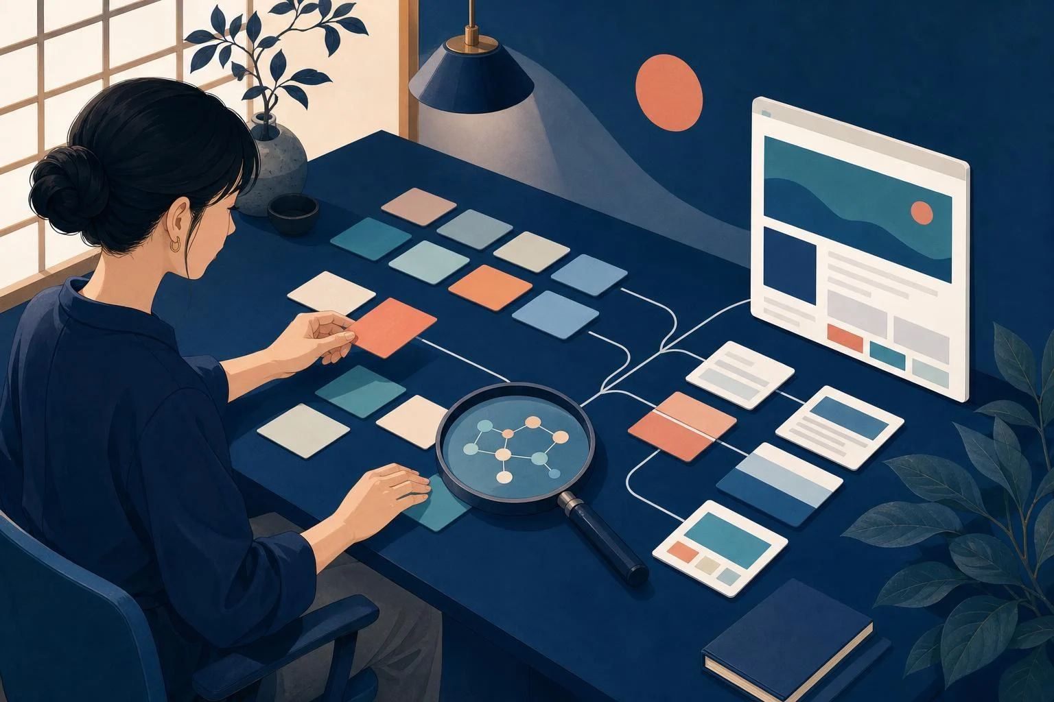 SEOキーワード候補を検索意図ごとに整理し、記事企画へつなげる様子を描いたイラスト