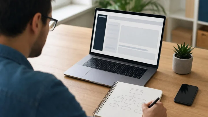 ノートパソコンとメモを使ってWebサイトのURL構造を検討する作業風景