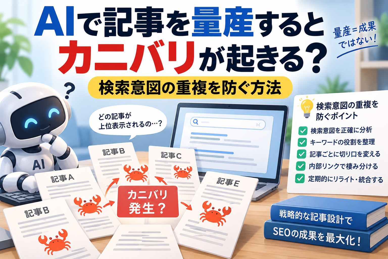 AIで記事を量産するとカニバリが起きる？検索意図の重複を防ぐ方法